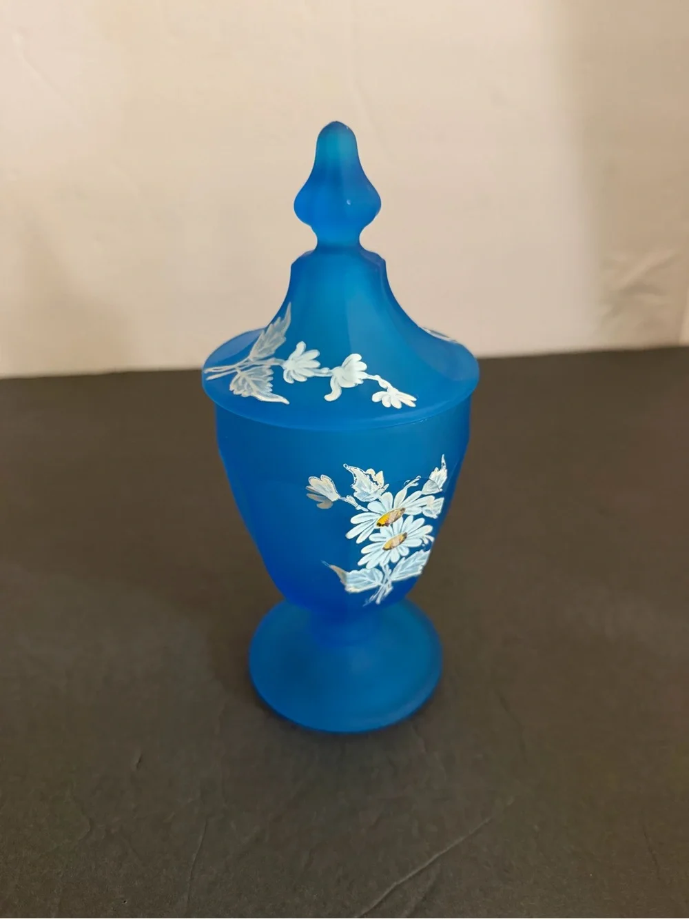 Blue Frosted Glass Apothecary Jar Lidded Hand-Painted White Daisies WESTMORELAND